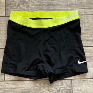 Nike Women's Black Shorts with Dri-Fit Neon Yellow Waistband Size Medium